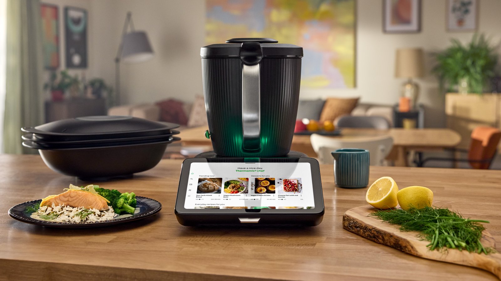 Thermomix TM7 on a kitchen counter with a finished dish
